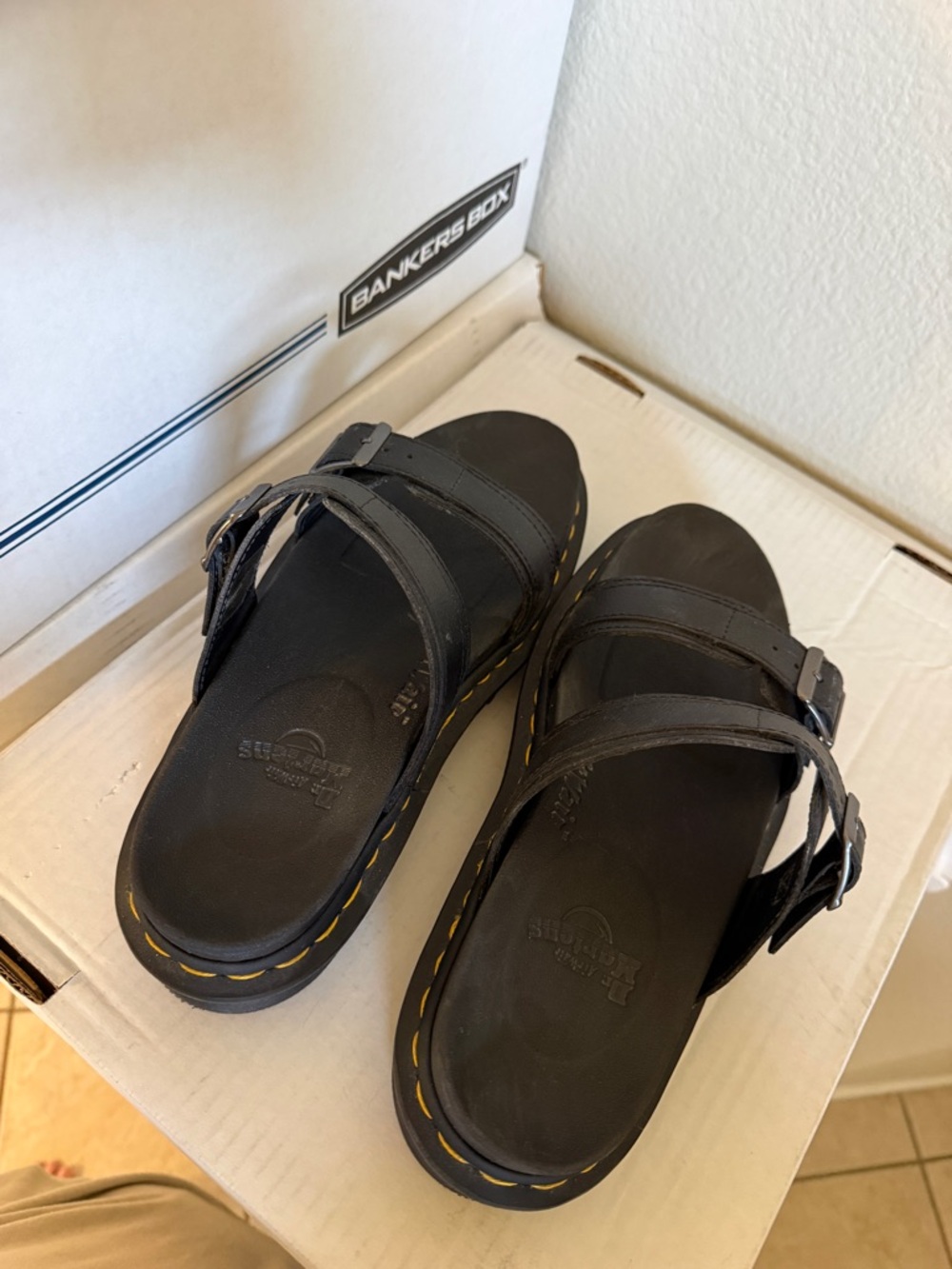 Dr. Martens Black Leather Double-Strap Buckle Slides